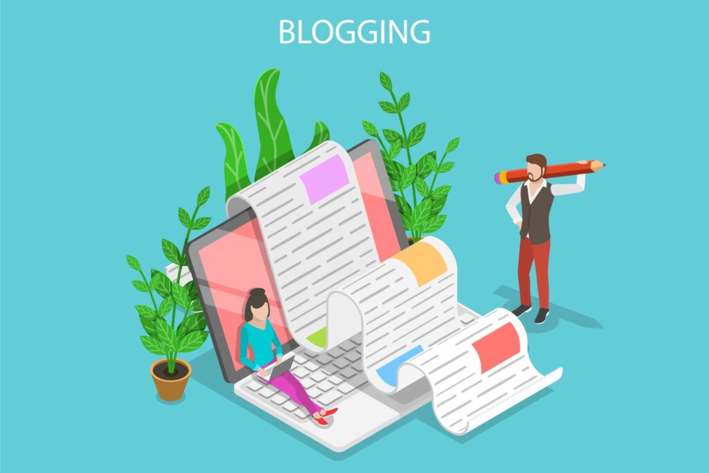 Blogging concept illustration showing content creation, with a woman typing on a laptop and a man holding a large pencil, symbolizing website growth and digital marketing success.