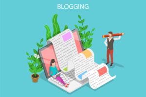 Blogging concept illustration showing content creation, with a woman typing on a laptop and a man holding a large pencil, symbolizing website growth and digital marketing success.