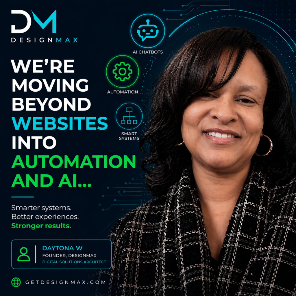 DesignMax founder, Daytona W with text headline: We're moving beyond websites into automation and Ai.