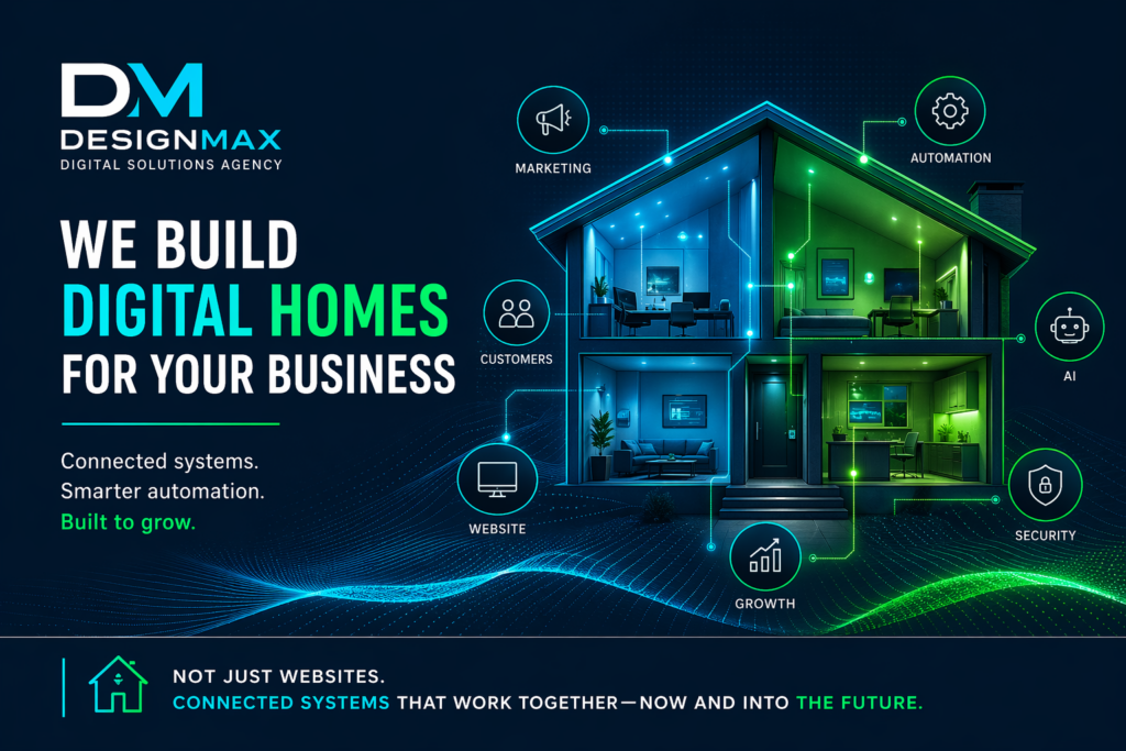DesignMax digital solutions graphic showing a connected ‘digital home’ concept with website, marketing, automation, AI, and security systems integrated in a modern house design.